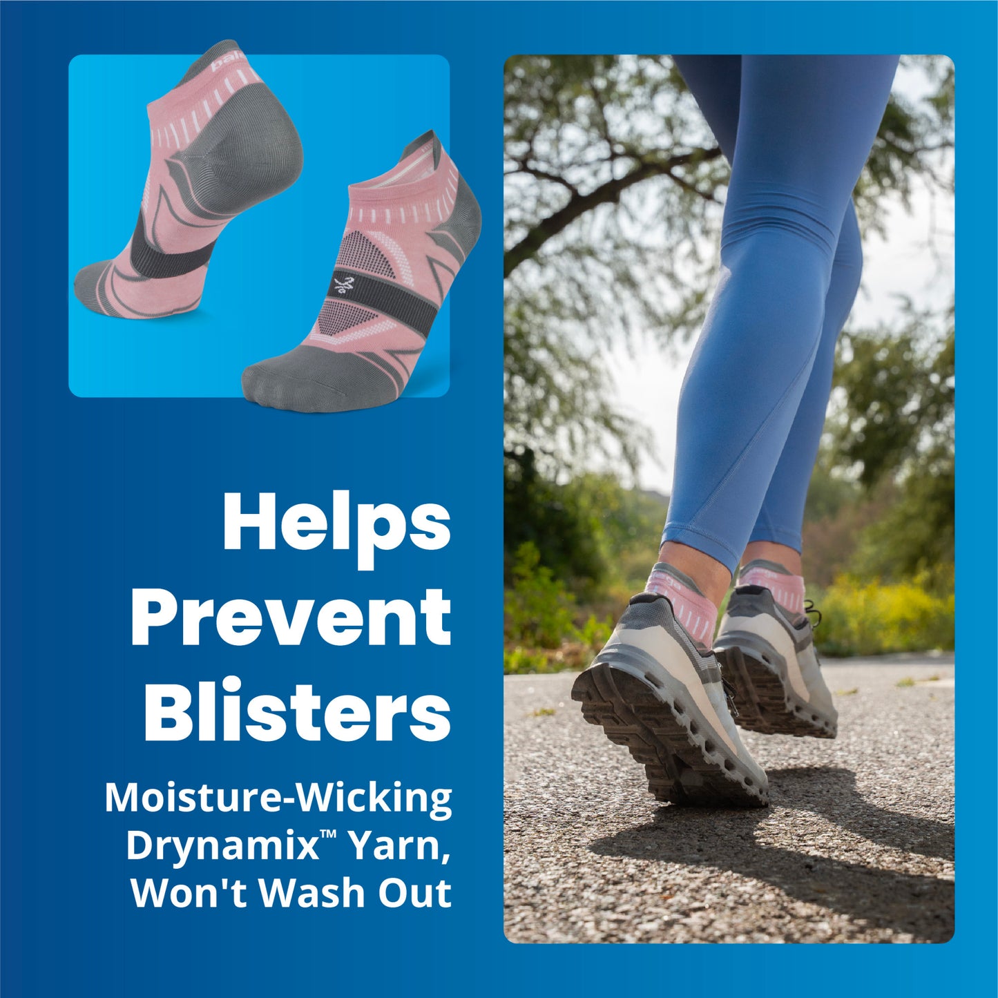 The shoes with moisture-wicking yarn help prevent blisters during outdoor running.