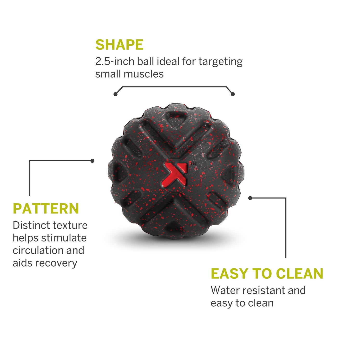 A textured black and red massage ball stimulates circulation and is water resistant.
