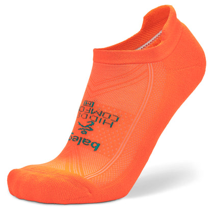An orange running sock is displayed against a white background.