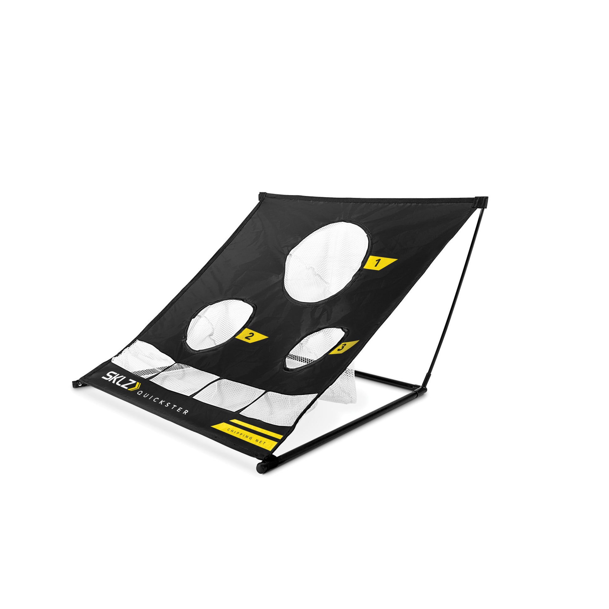 A cornhole game board with three holes on a stand for outdoor play