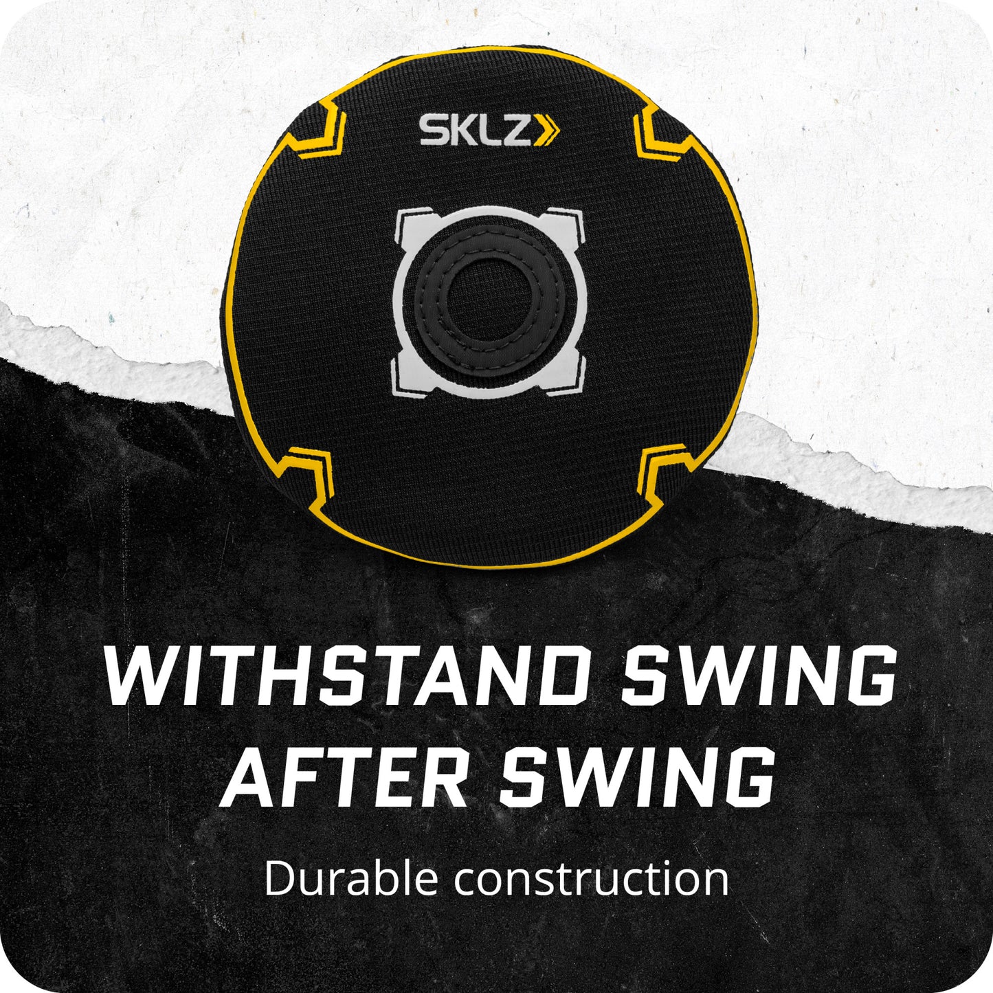 A wheel with text promoting durability for withstand swing after swing in a fitness setting
