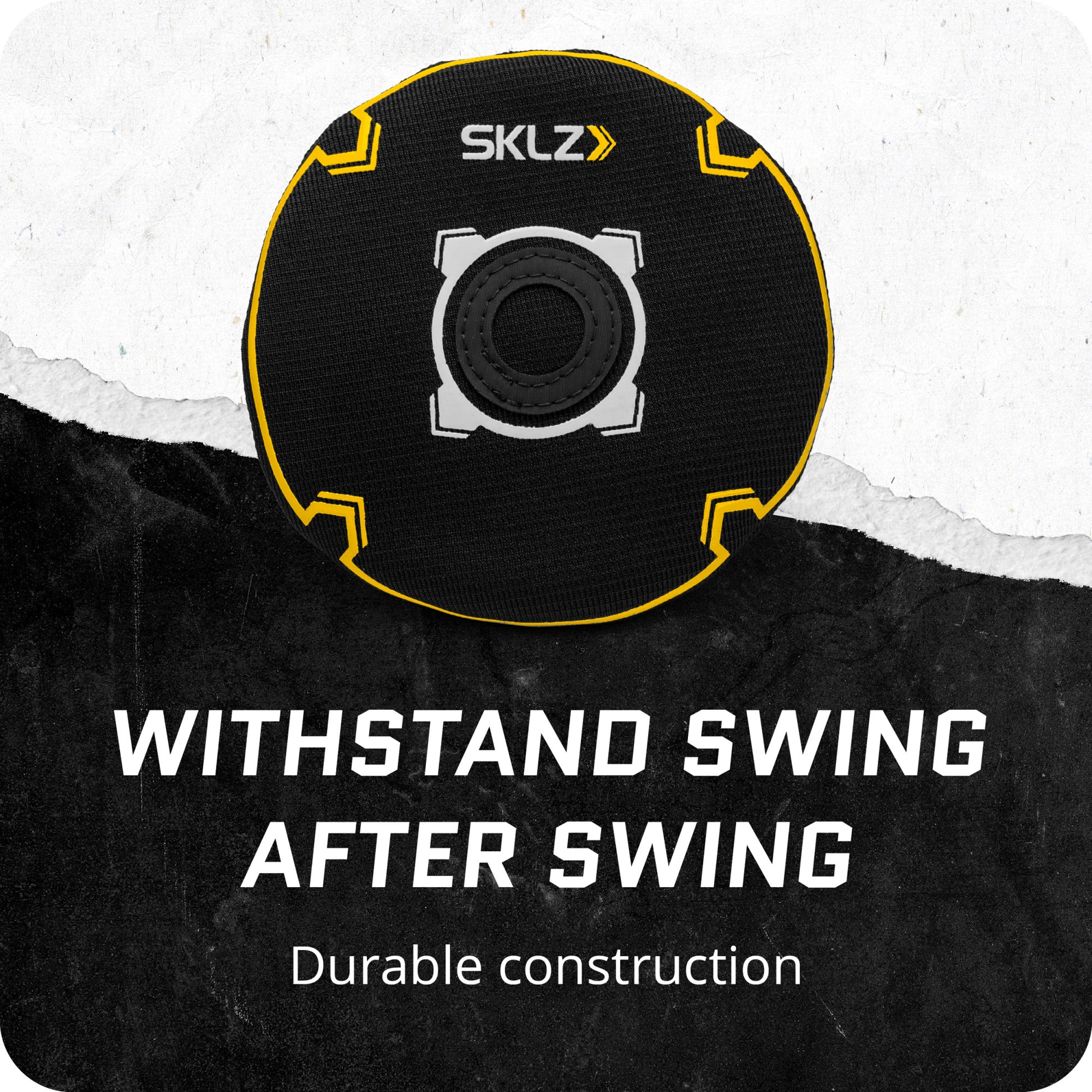 A wheel with text promoting durability for withstand swing after swing in a fitness setting