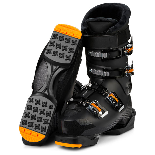 The ski boot is displayed in a studio environment showcasing its design and features