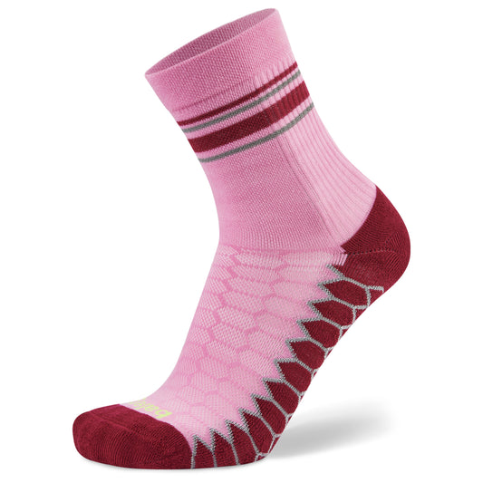 Pink and red athletic sock displays pattern and stripes on a plain white background.