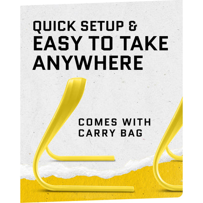 Close-up of SKLZ 6X Hurdles with overlay text highlighting quick setup and comes with carry bag