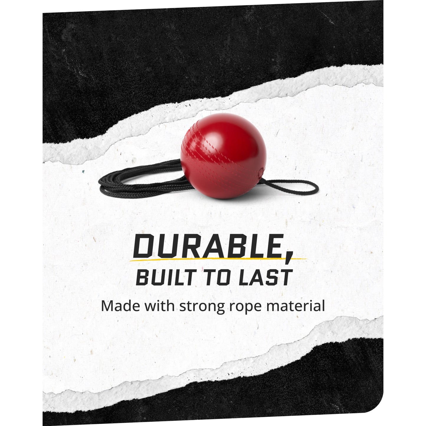 Close up shot of SKLZ Cricket Batball Trainer on a white background with overlay text highlighting durability