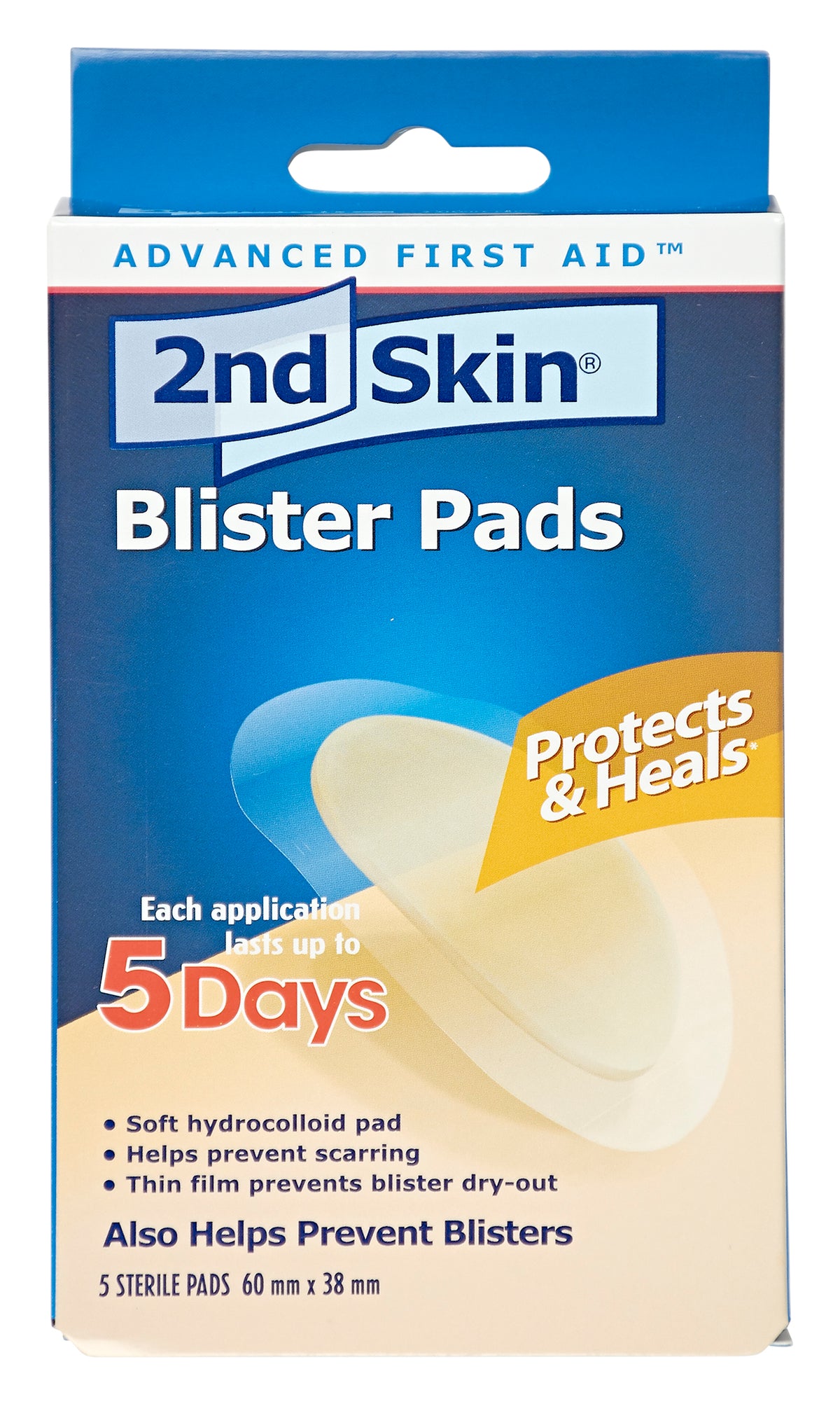 Box of 2nd Skin blister pads protecting and healing blisters in a sterile environment