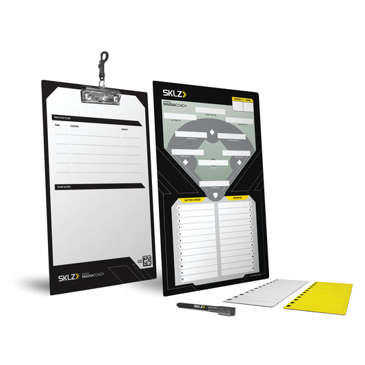 A sports coaching system with a tablet clipboard notepad and marker in a training environment