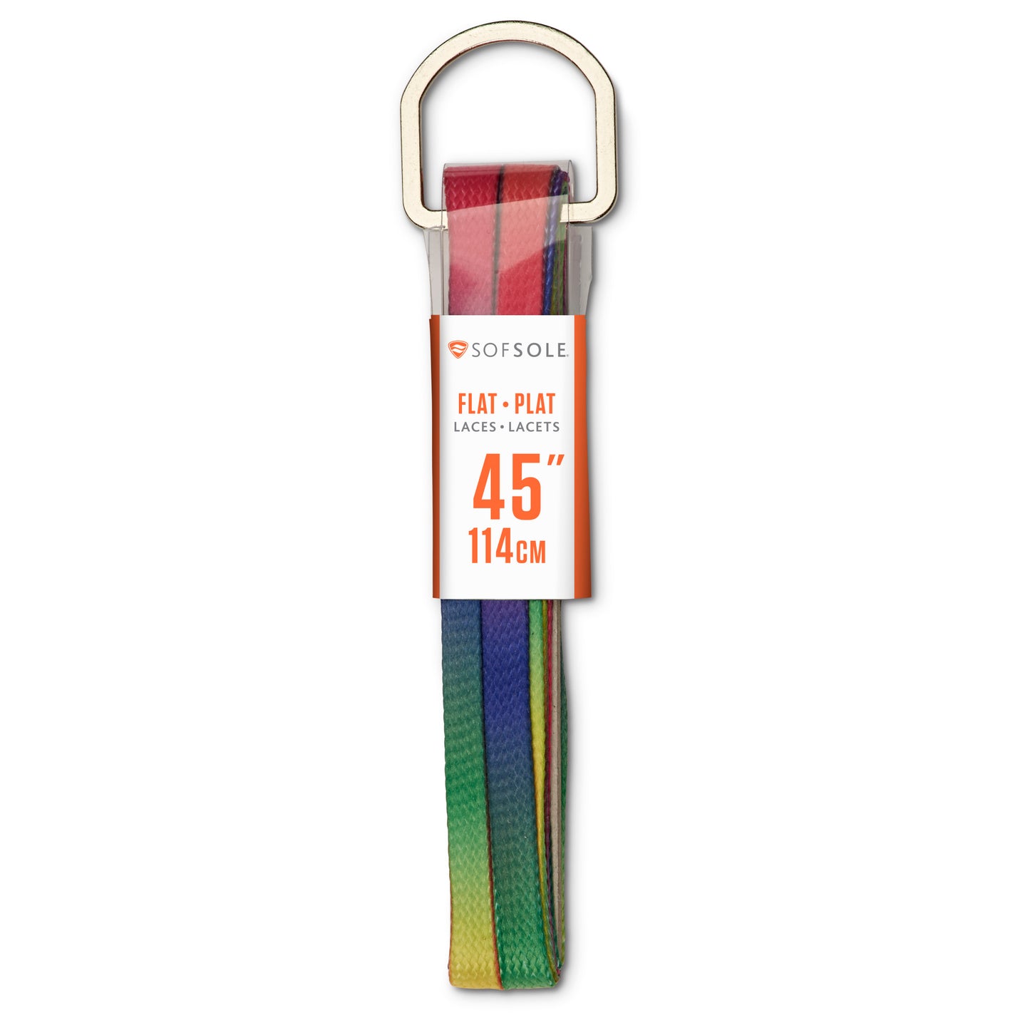 A rainbow-colored flat lacing tape with a metal D-ring, packaged for shoe laces.