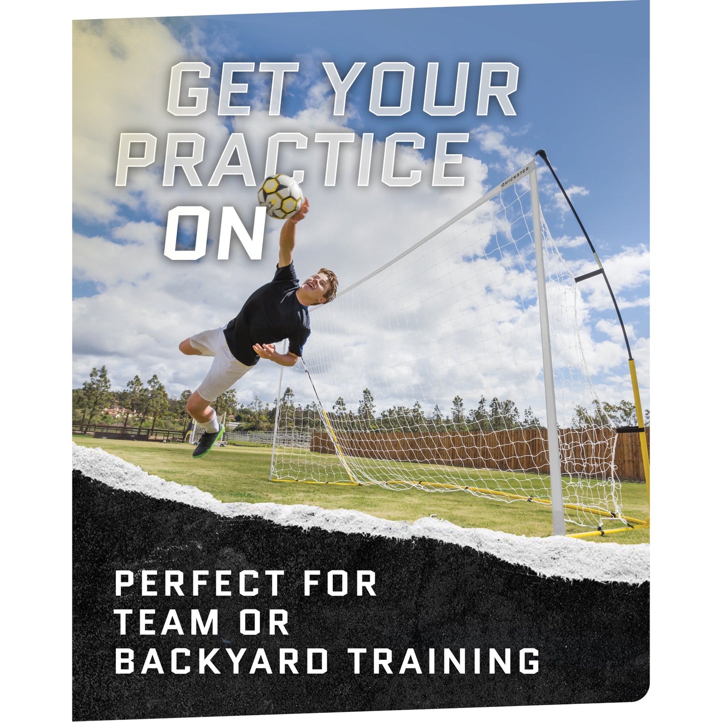 Boy practicing soccer save on a goal field during daytime for team or backyard training