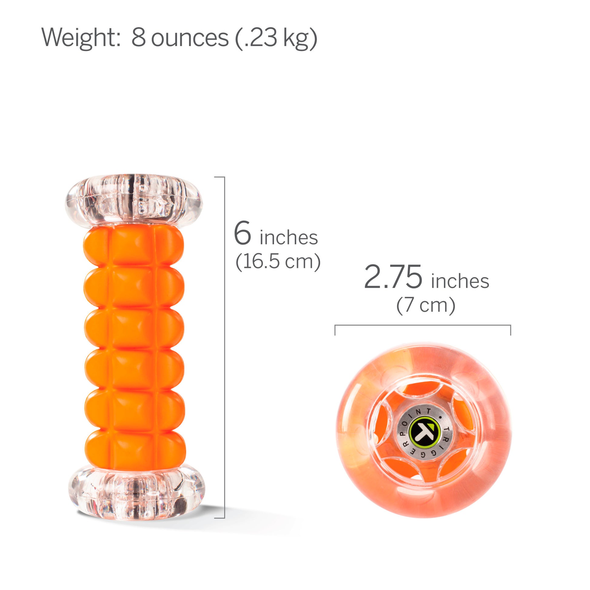 A orange and clear roller with measurements for weight and size in a product display.