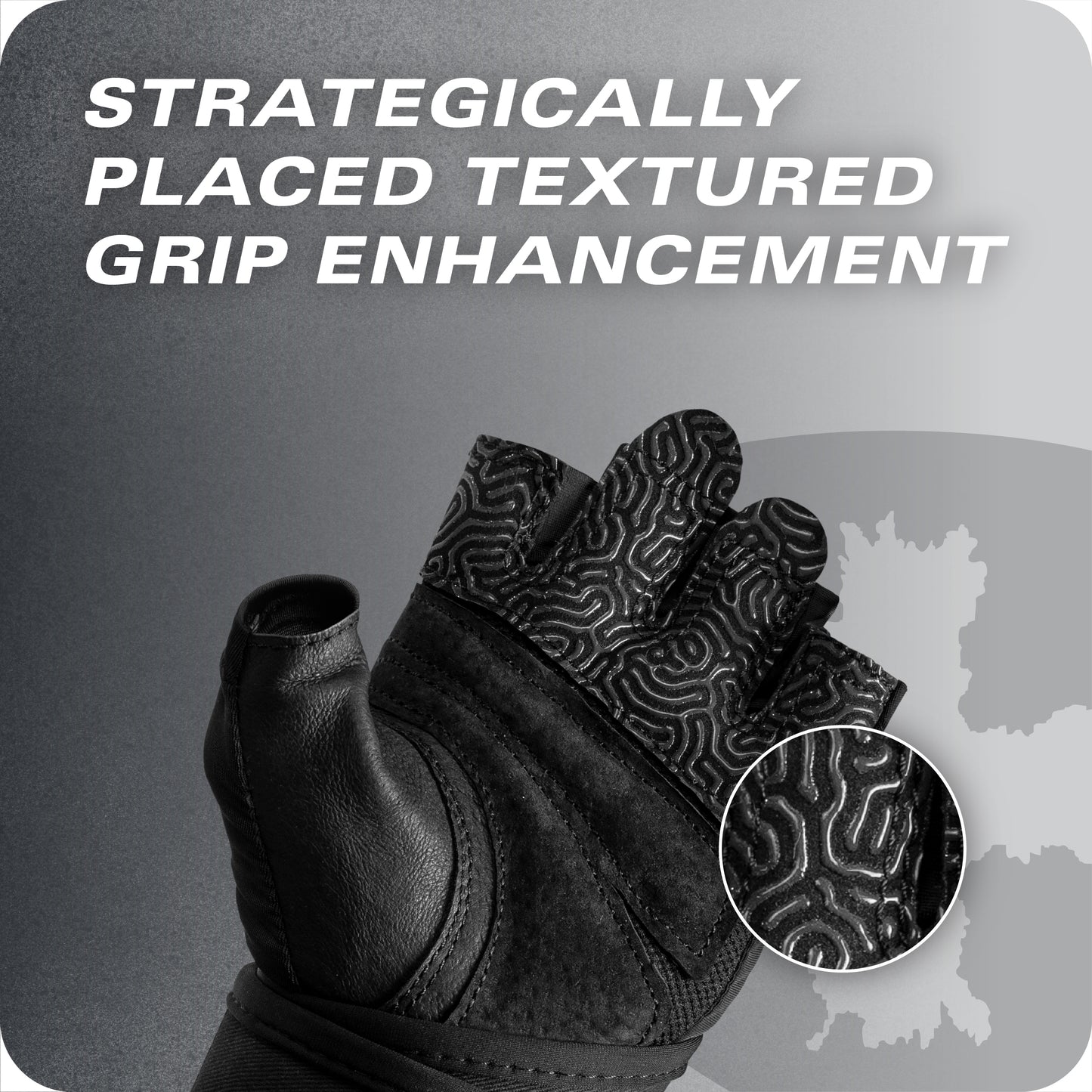 Glove applies textured grip enhancement on the palm for improved handling in a gray environment.