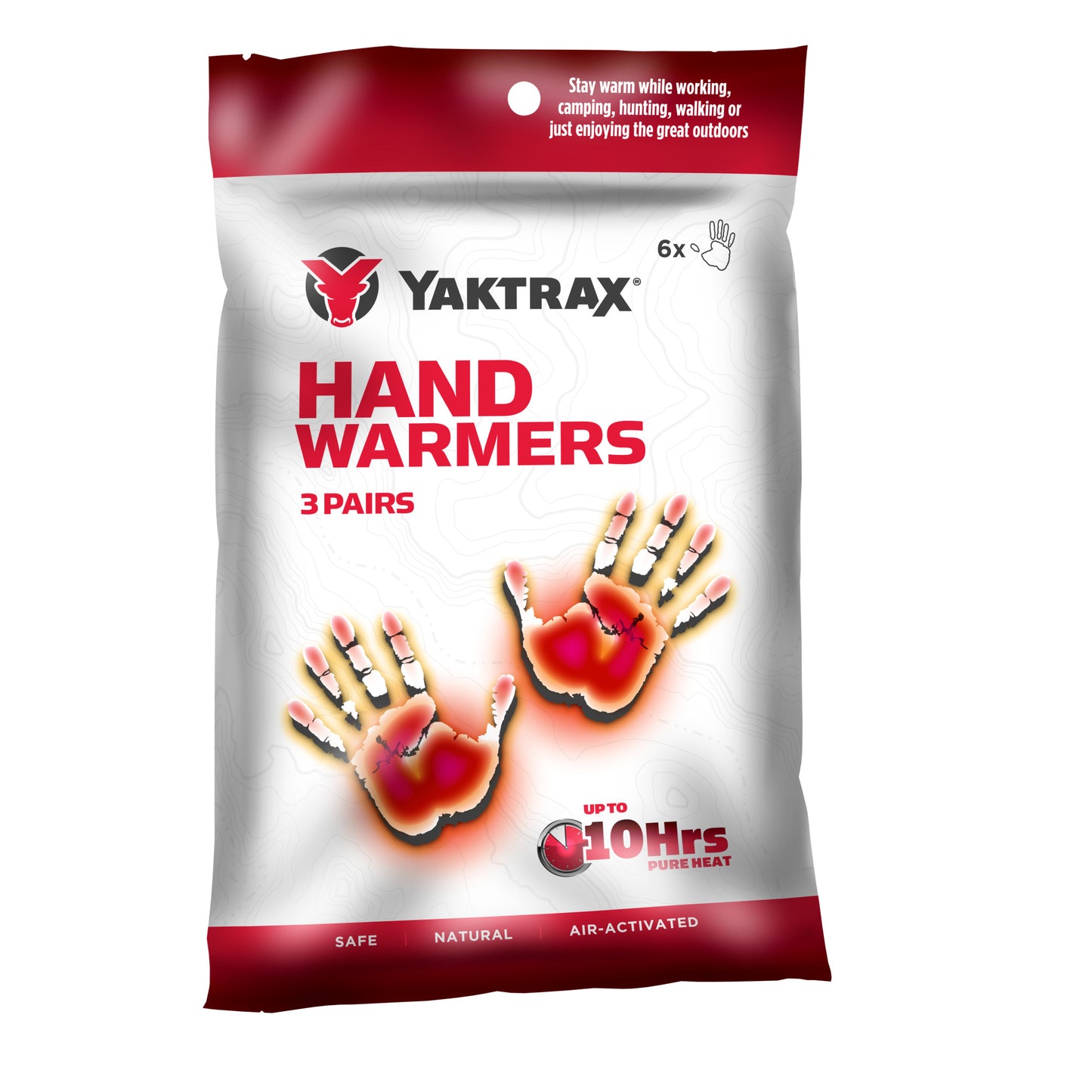 Hand warmers heat up with activated air and last up to 10 hours outdoors