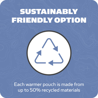Recycle symbol indicates sustainable option for warmer pouches made from recycled materials in environment setting