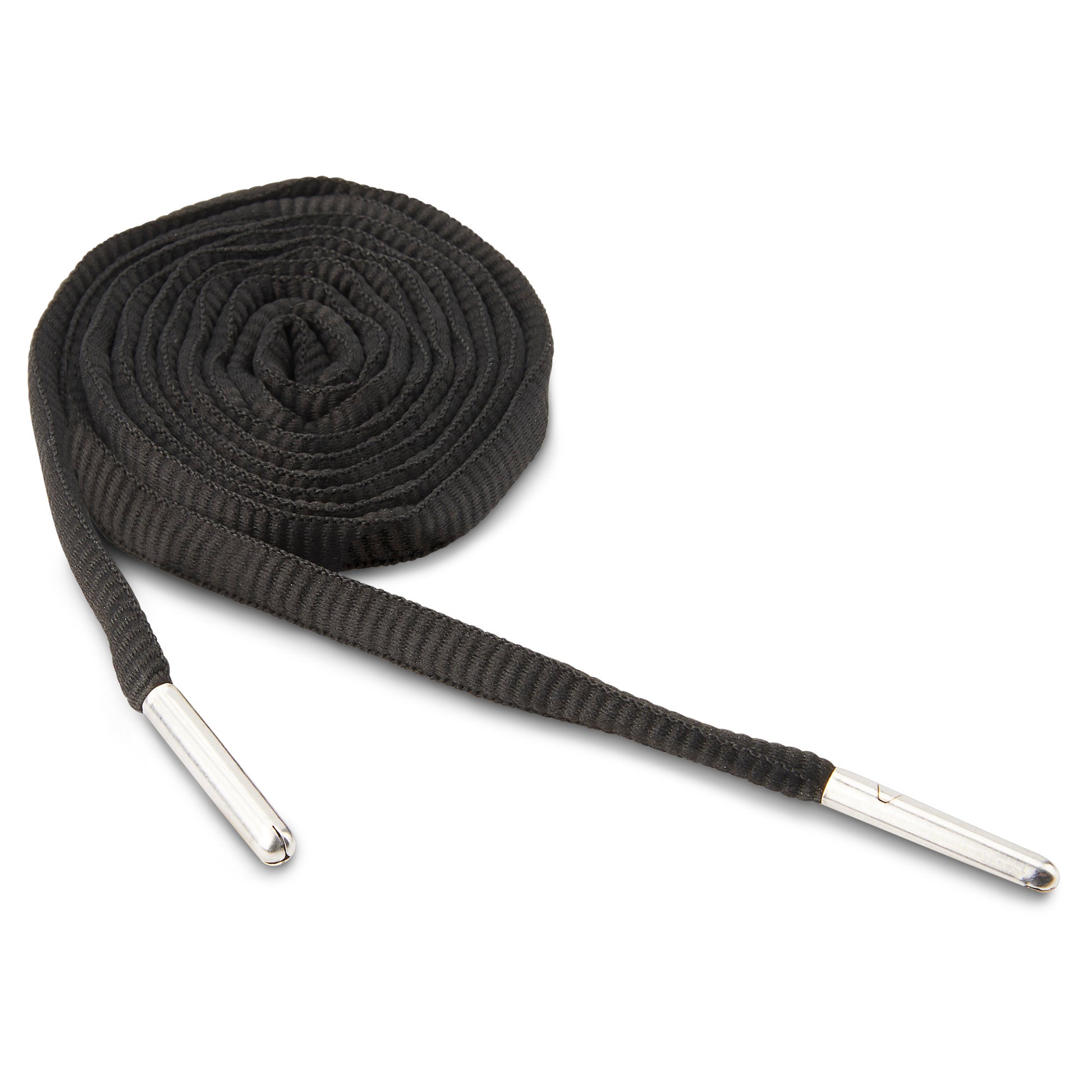 The shoelace is coiled with metal tips lying on a white background.
