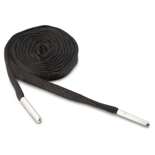 The shoelace is coiled with metal tips lying on a white background.