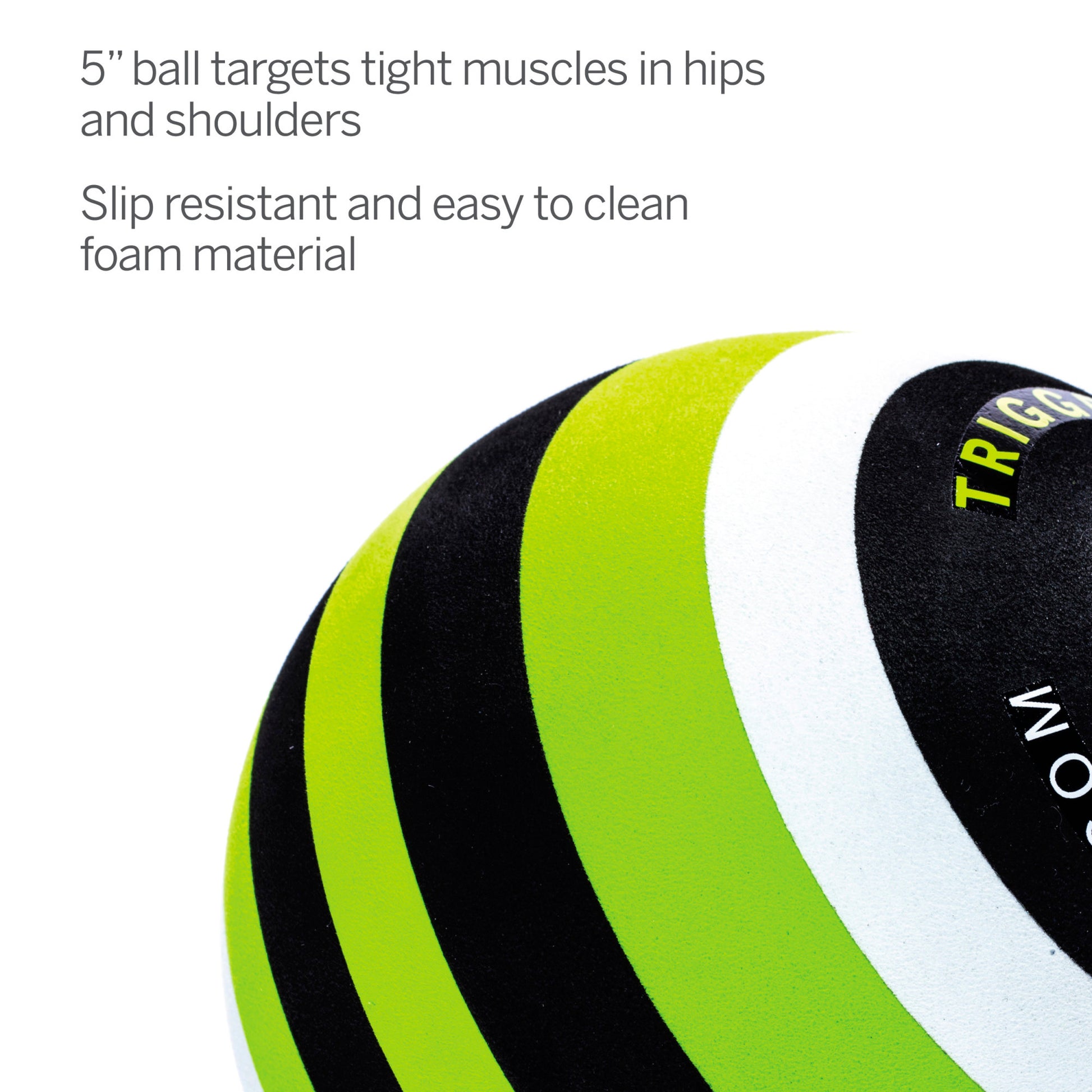 A 5-inch target ball with black and green stripes for muscle targeting in workouts