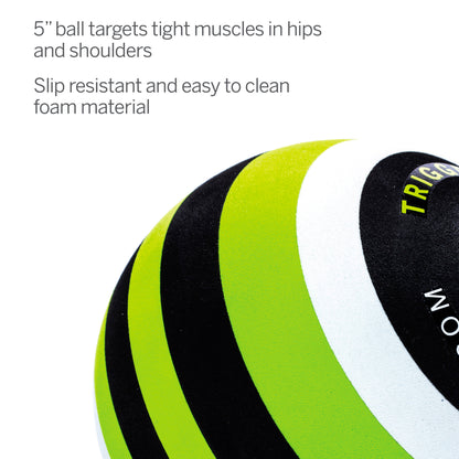 A 5-inch target ball with black and green stripes for muscle targeting in workouts