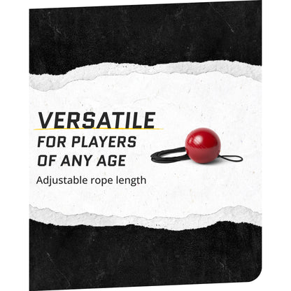 Product shot of SKLZ Cricket Batball Trainer on a white background with overlay text highlighting versatility of use for players of any age