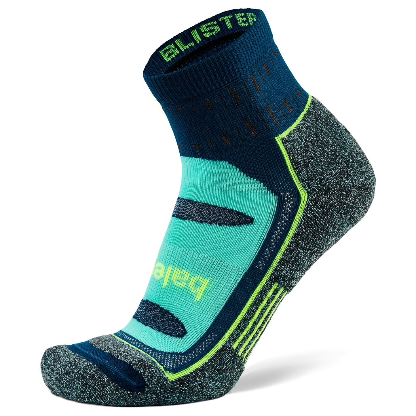 A running sock displays on a white background, showing compression and moisture-wicking features.