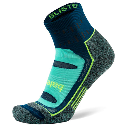 A running sock displays on a white background, showing compression and moisture-wicking features.