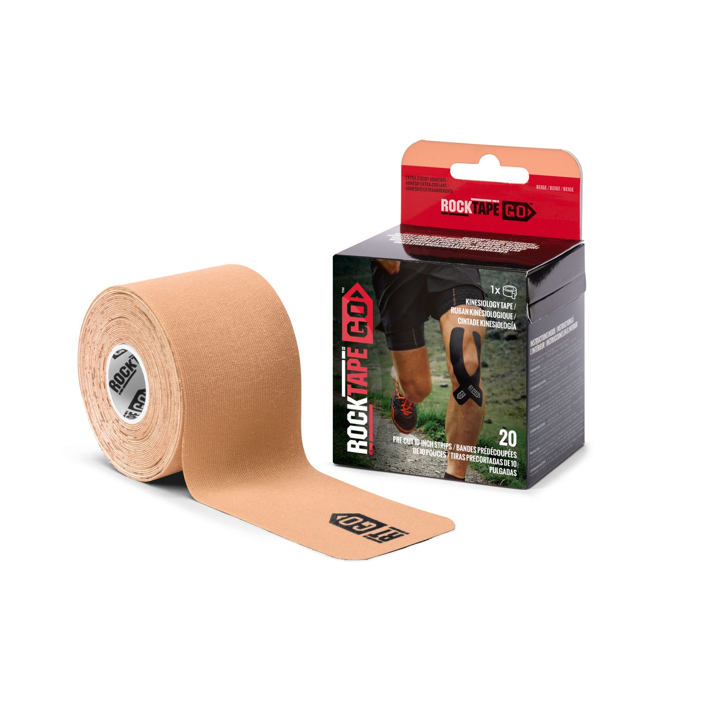 The adhesive tape is unrolled on a surface next to its box in a sporting environment.