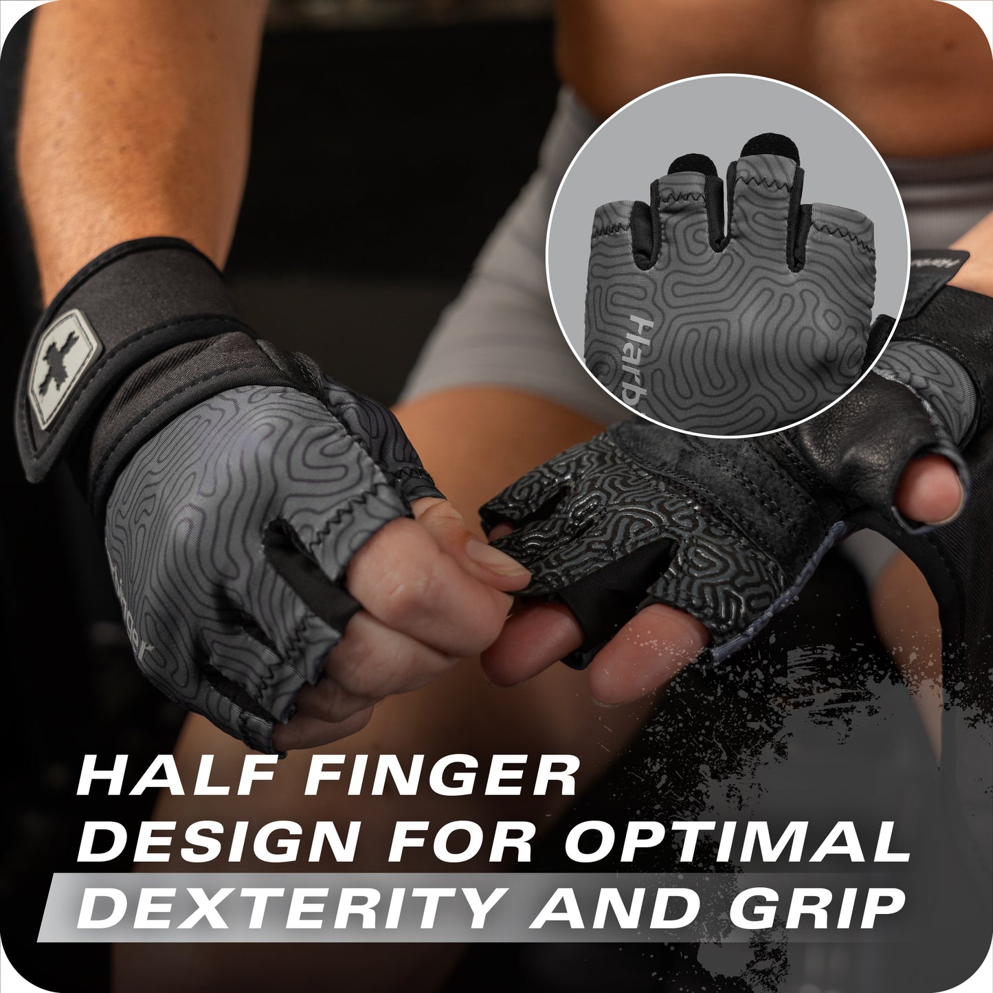 Gloved hand holds a weightlifting bar with a motion-absorbing grip.