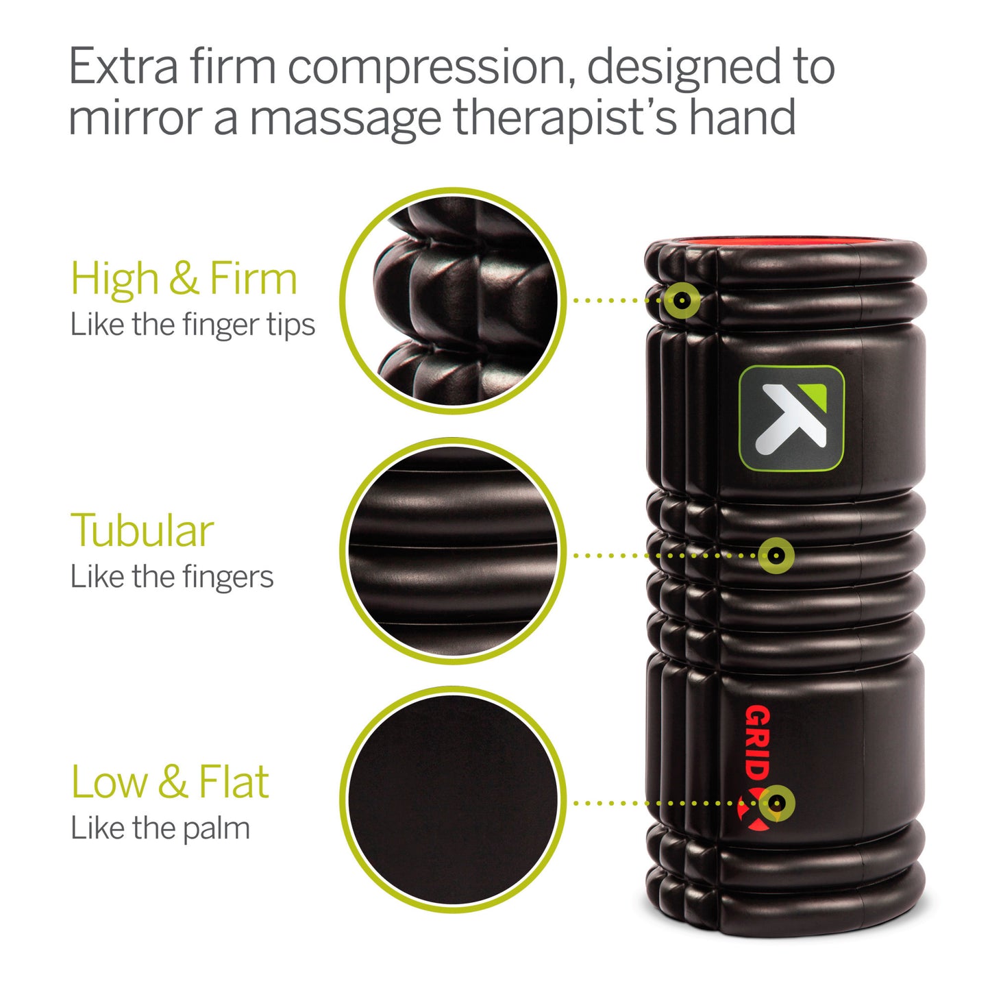 Black massage roller with textured surface designed to mirror finger tips and palm for deep tissue.