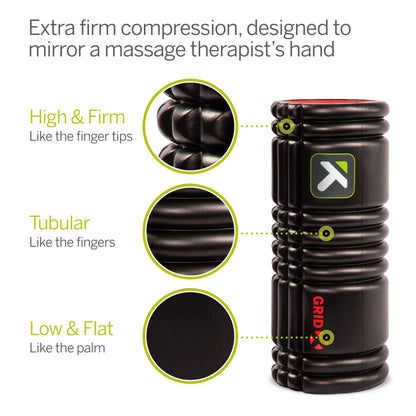 Black massage roller with textured surface designed to mirror finger tips and palm for deep tissue.