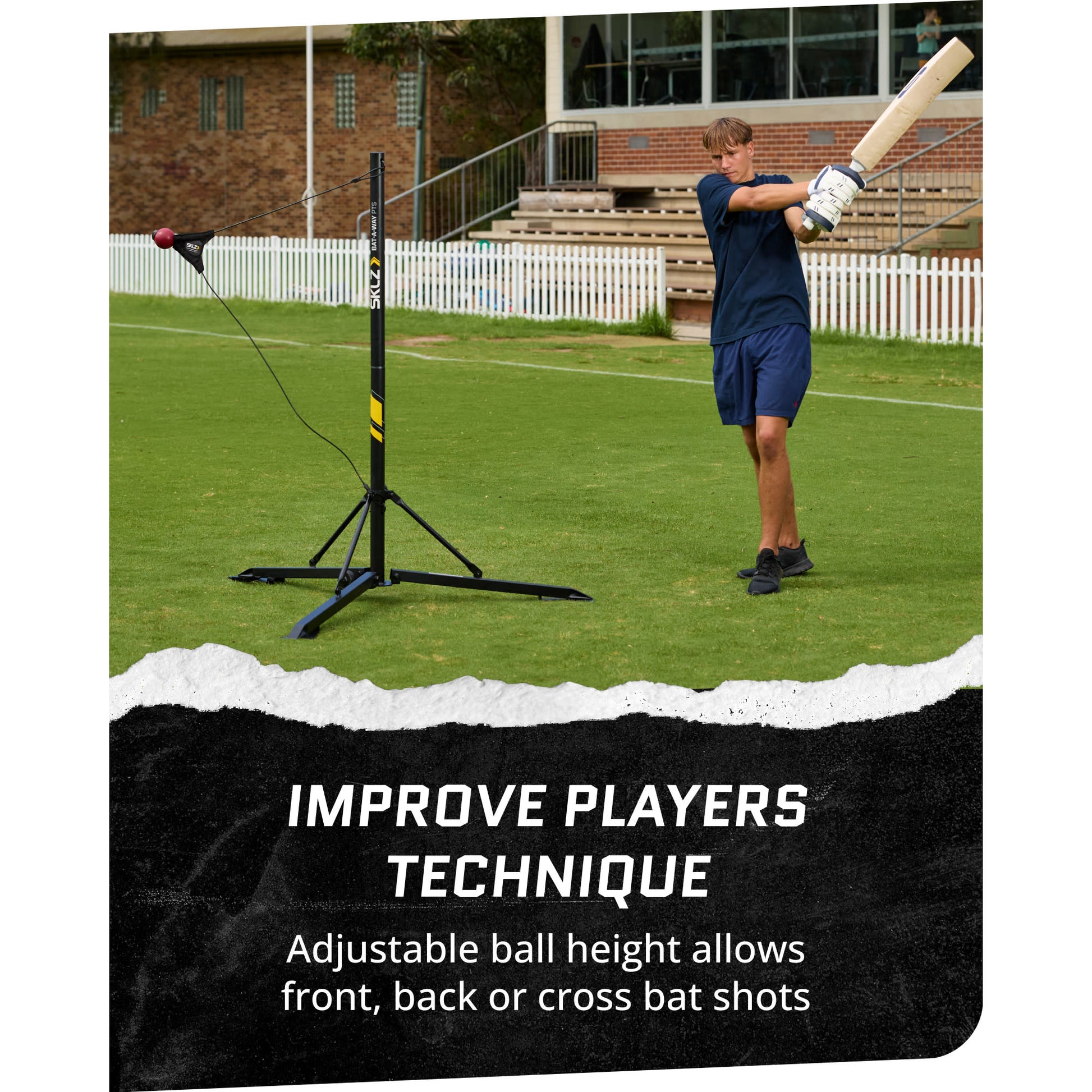 In use shot of male using SKLZ Cricket Bat-a-Way PTS swing trainer at a field with overlay text highlighting improving your technique