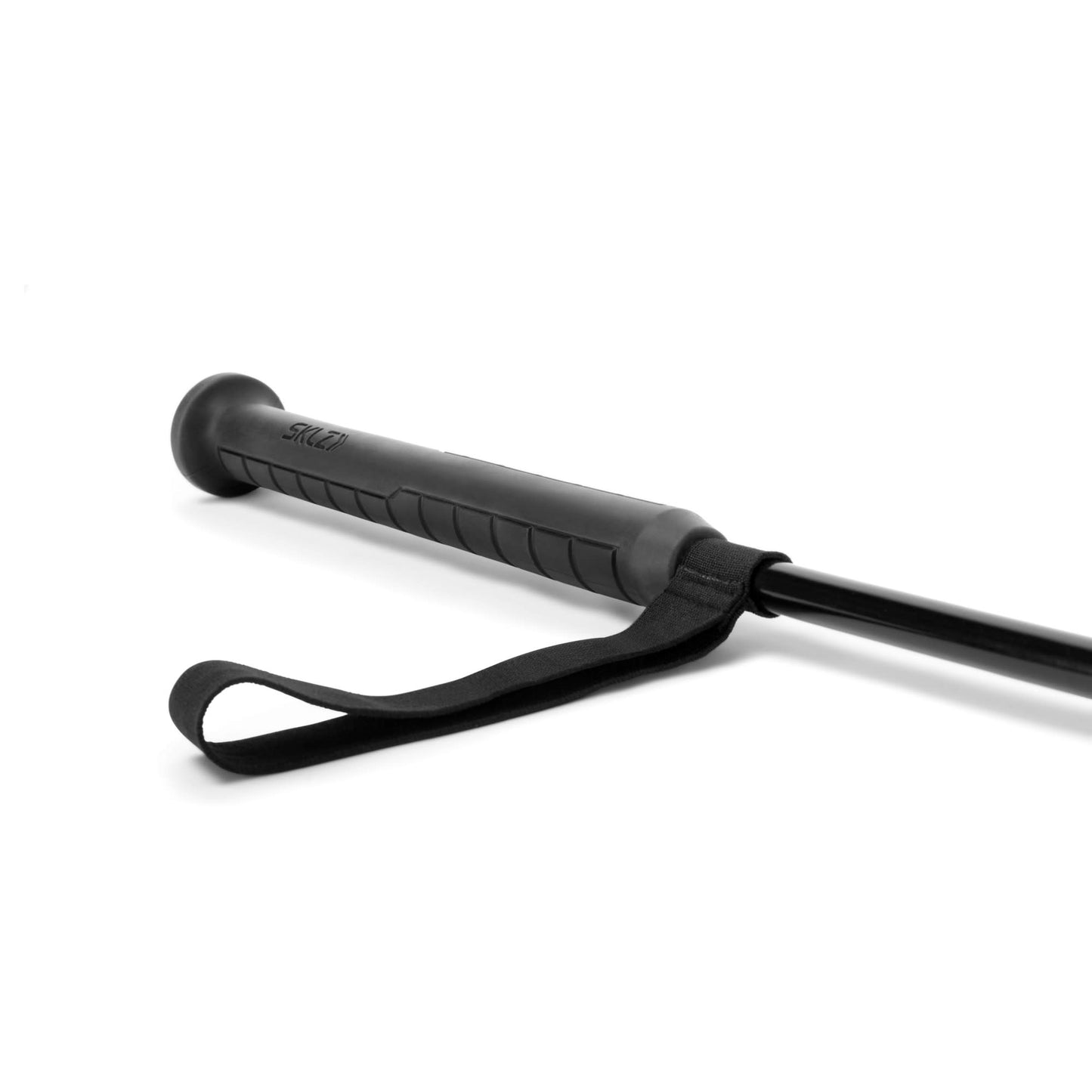Close up view of the handle and strap of the SKLZ Cricket Bat Trainer on a white background