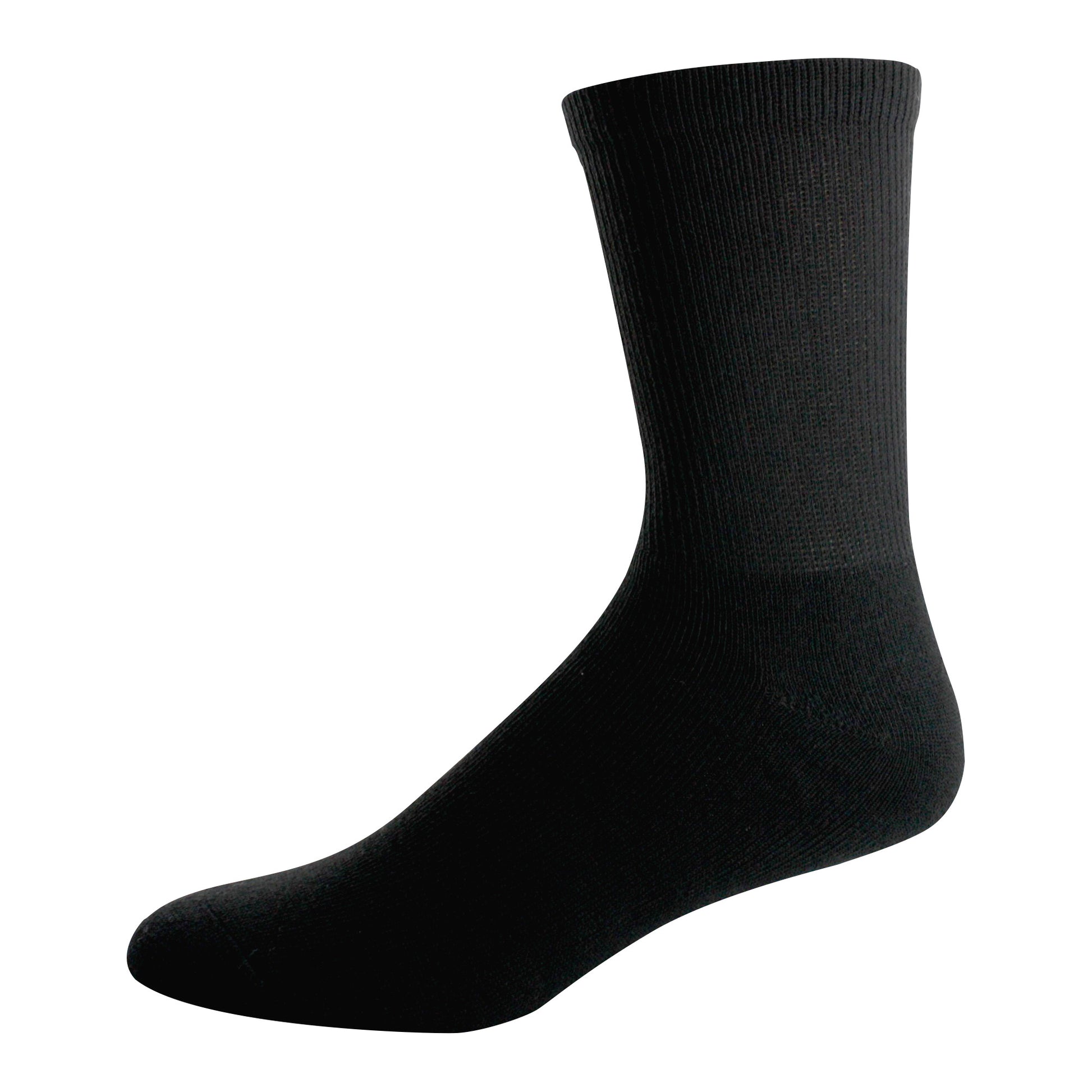 A black sock is displayed isolated against a white background.