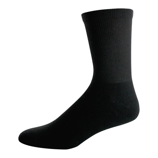 A black sock is displayed isolated against a white background.