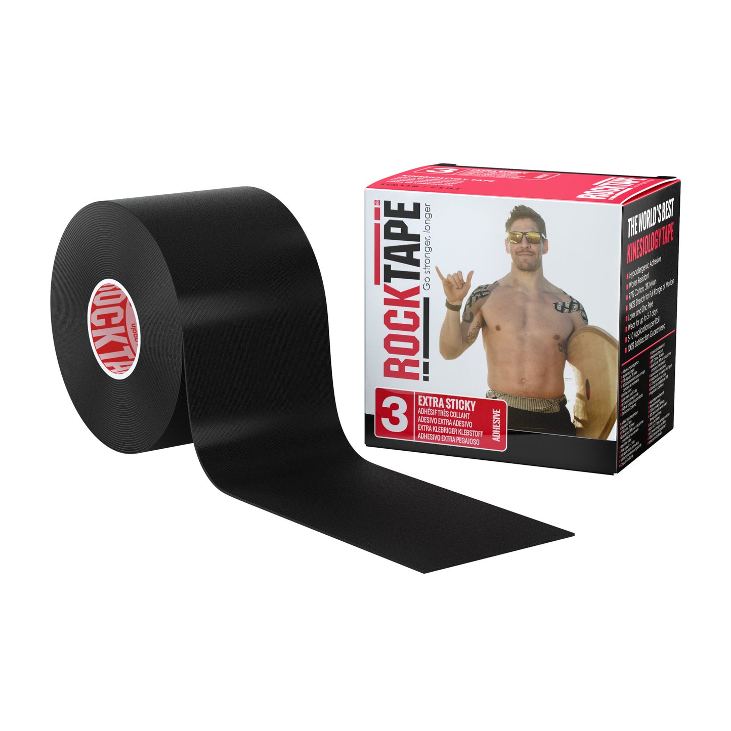 Black rocker tape unrolls from spool in front of its packaging box with a man wearing sunglasses on it
