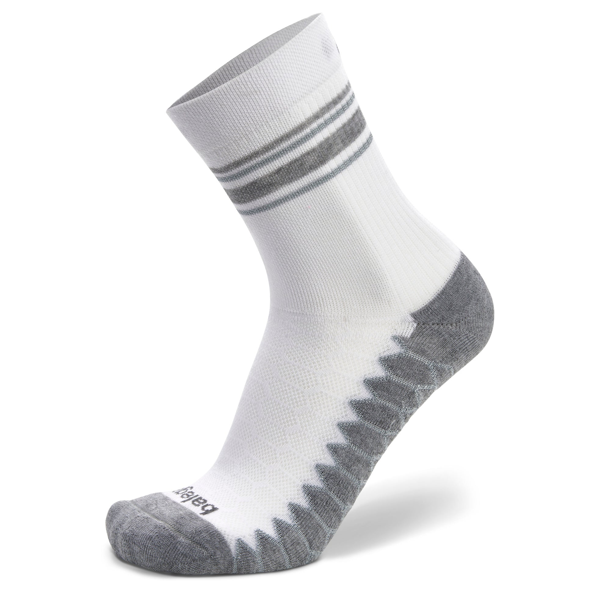 A high-performance athletic sock shows gray accents and arch support against a white background.
