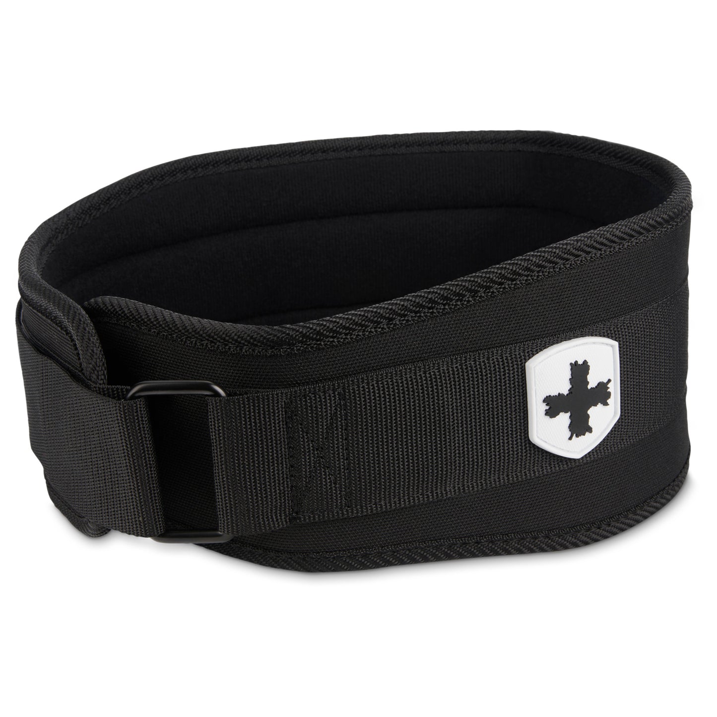 A black dog collar with a white emblem on a plain background.