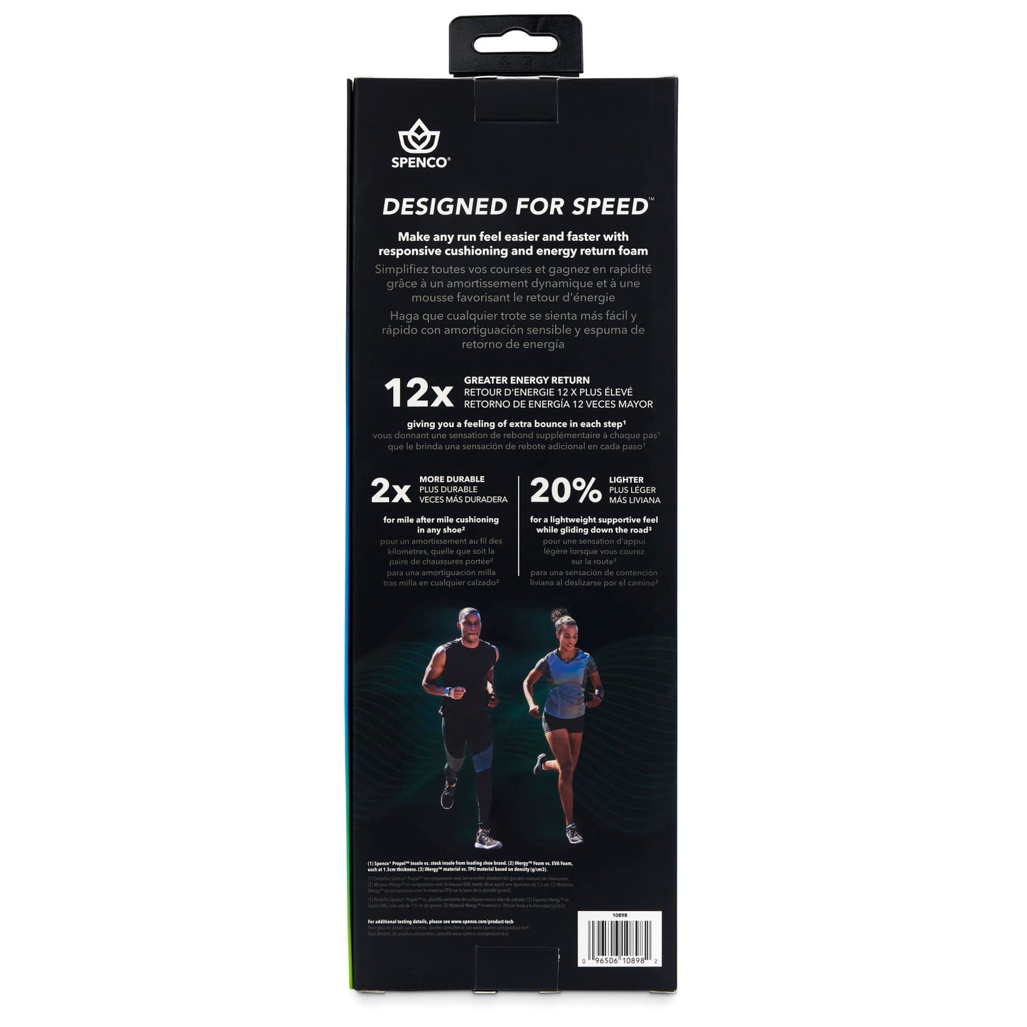 The product packaging displays the Speenco insoles designed for speed for runners in a black box.