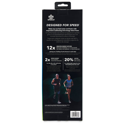 The product packaging displays the Speenco insoles designed for speed for runners in a black box.