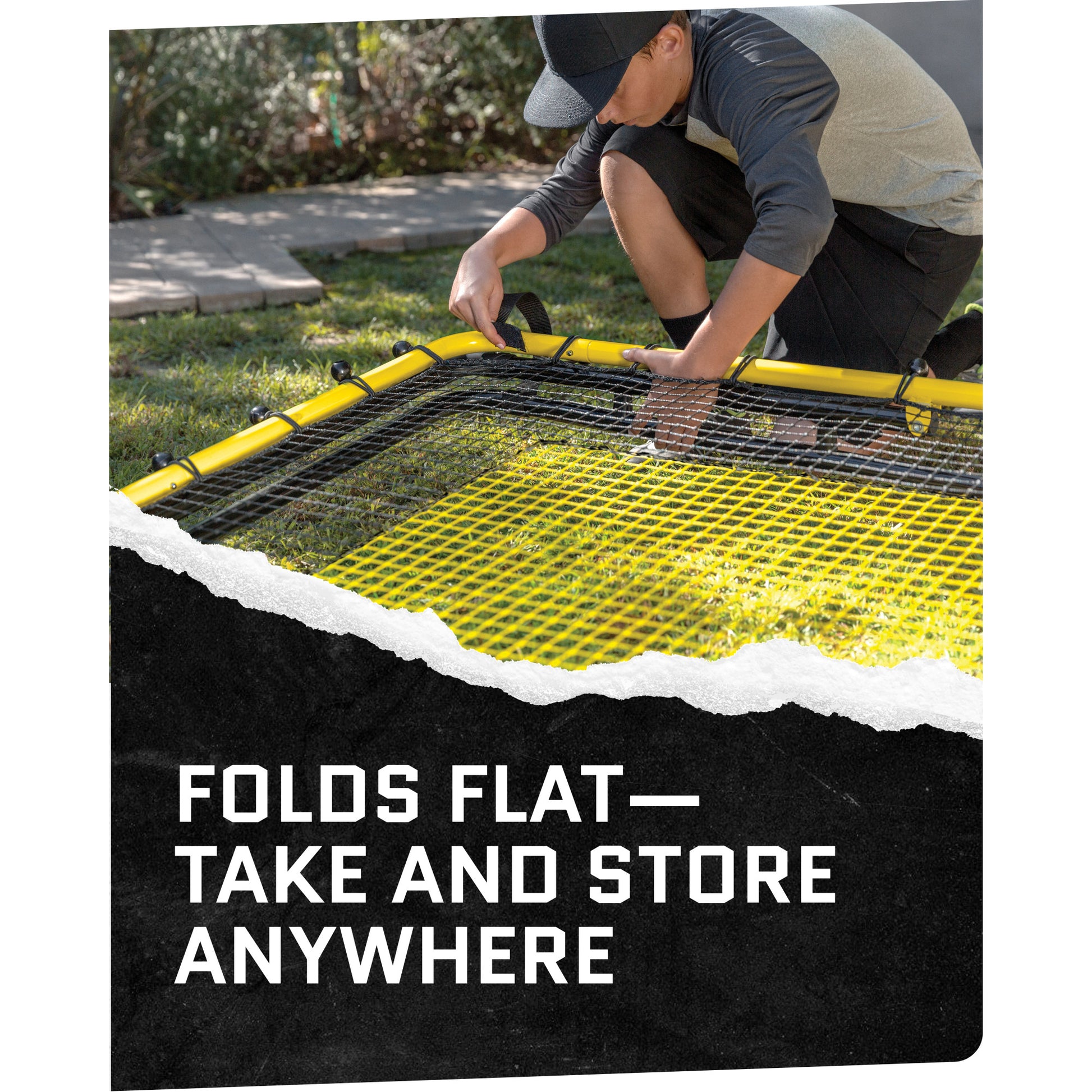 A person assembles a portable pond liner in a yard with text promoting easy folding and storage
