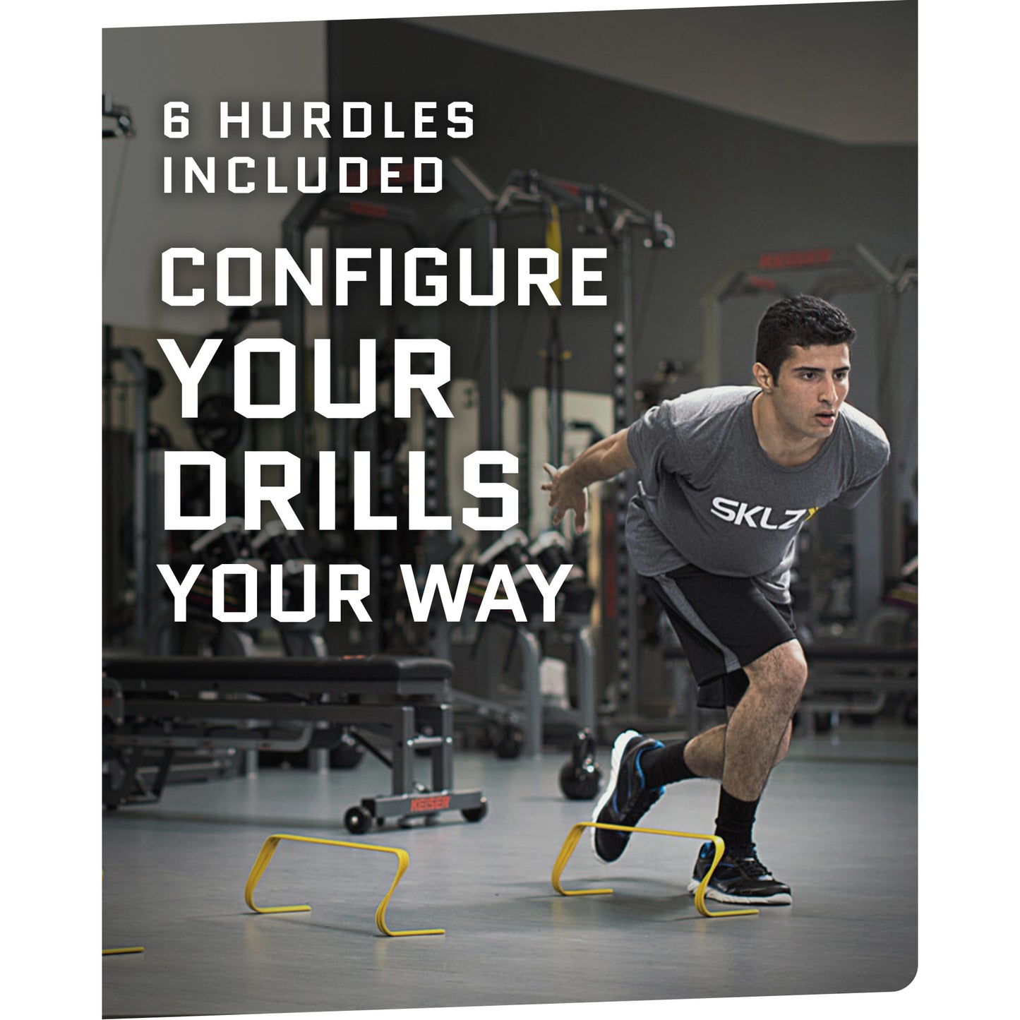 Male using SKLZ 6X Hurdles inside a gym with overlay text highlighting six hurdles included