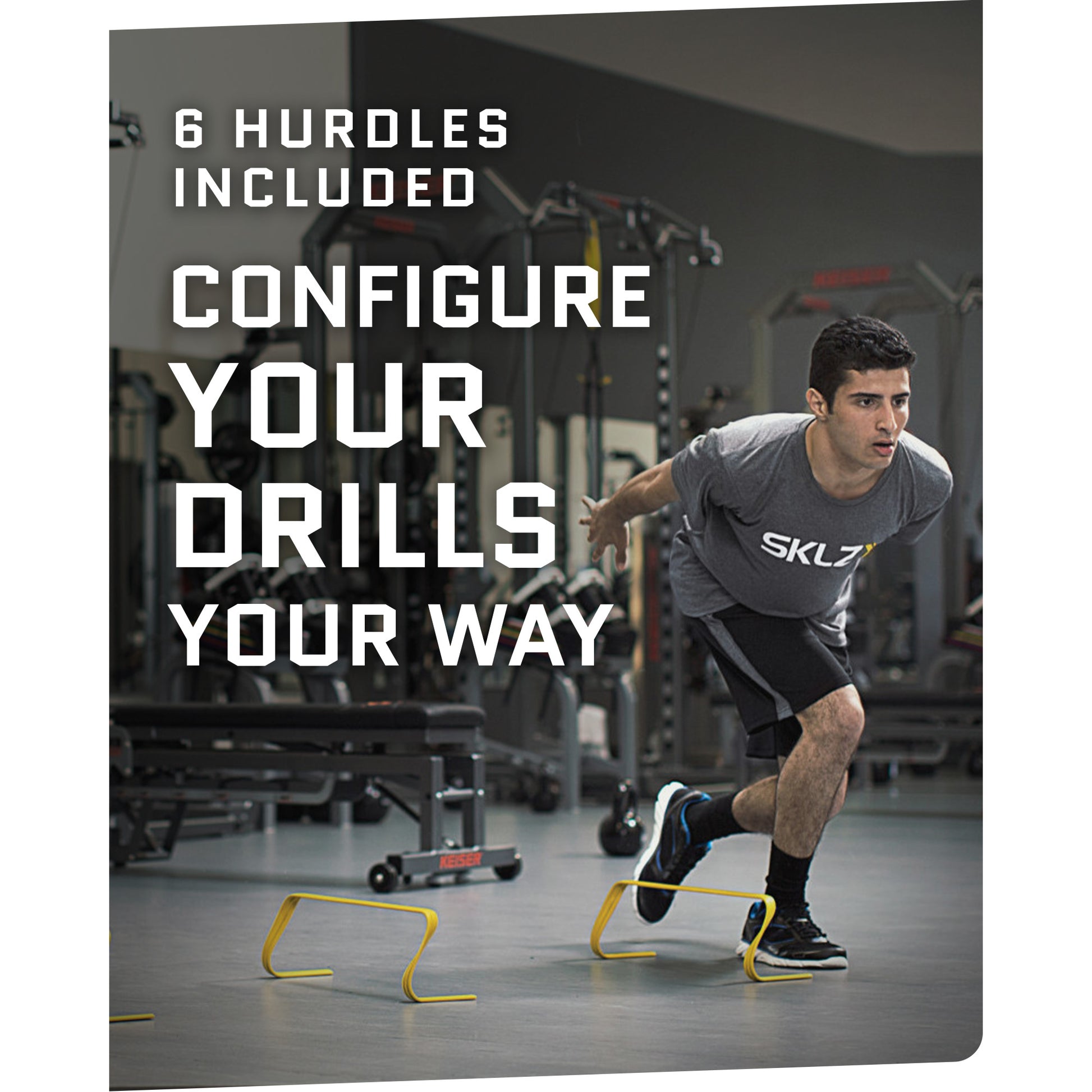 Male using SKLZ 6X Hurdles inside a gym with overlay text highlighting six hurdles included