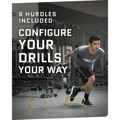 Male using SKLZ 6X Hurdles inside a gym with overlay text highlighting six hurdles included