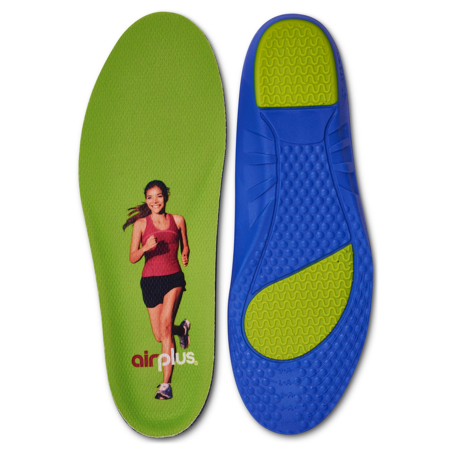 A running shoe insole with a green top surface and a blue bottom, placed upside down.