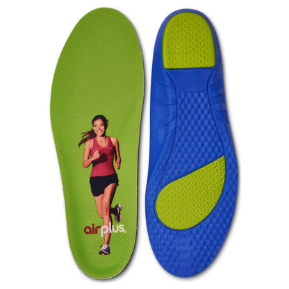 A running shoe insole with a green top surface and a blue bottom, placed upside down.