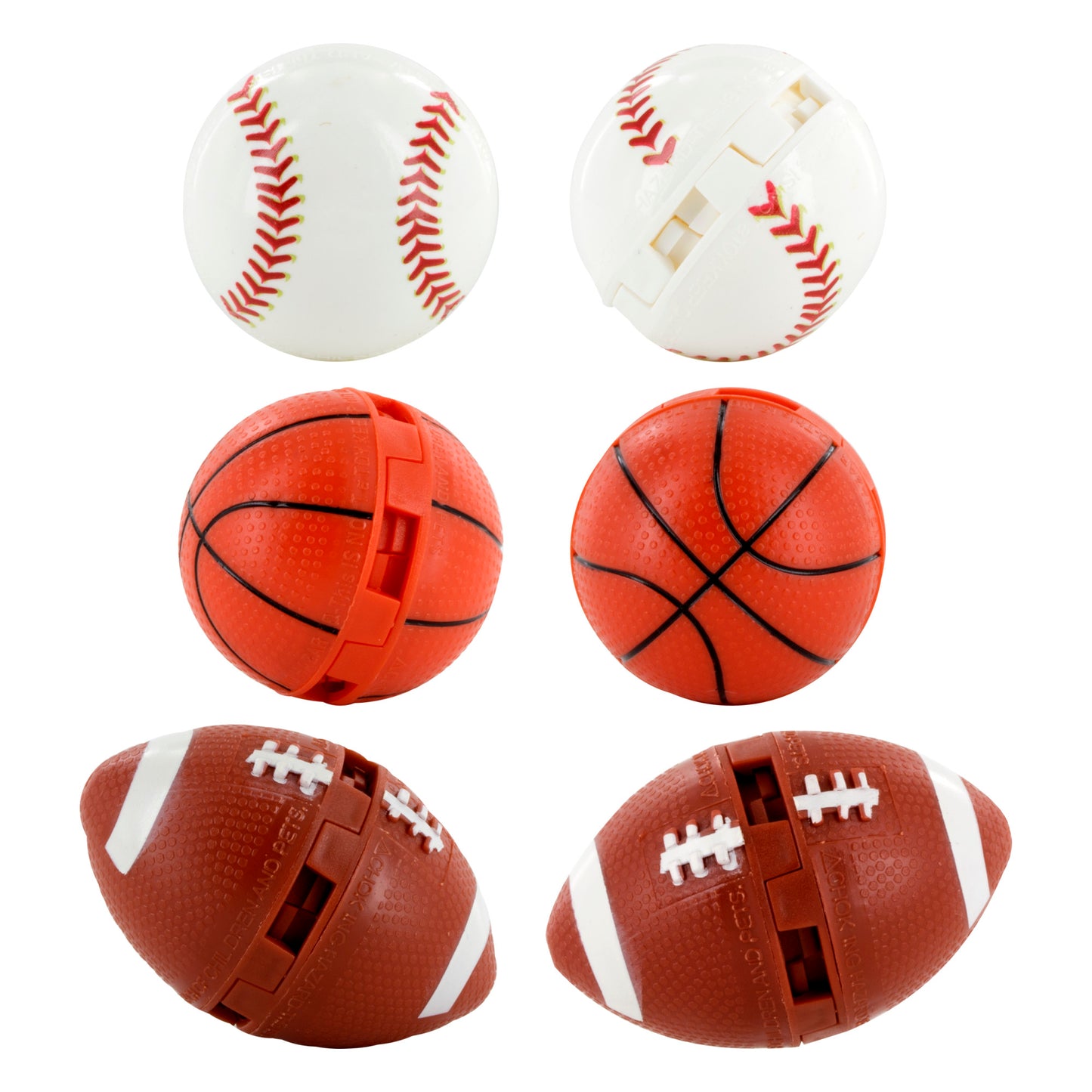 Six balls representing baseball basketball and American football arranged in pairs on a white background