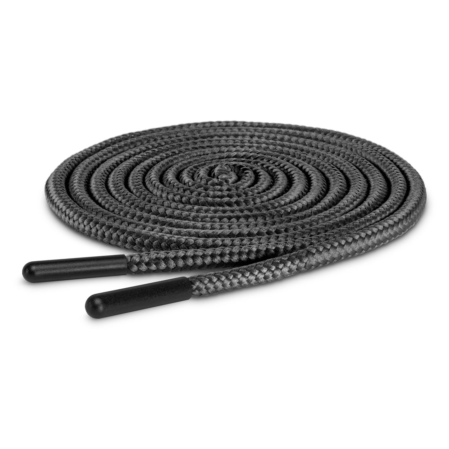 A black shoelace is coiled on a white background.