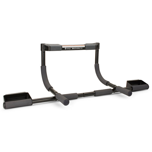 The workout device performs pull-ups in a home gym setting.