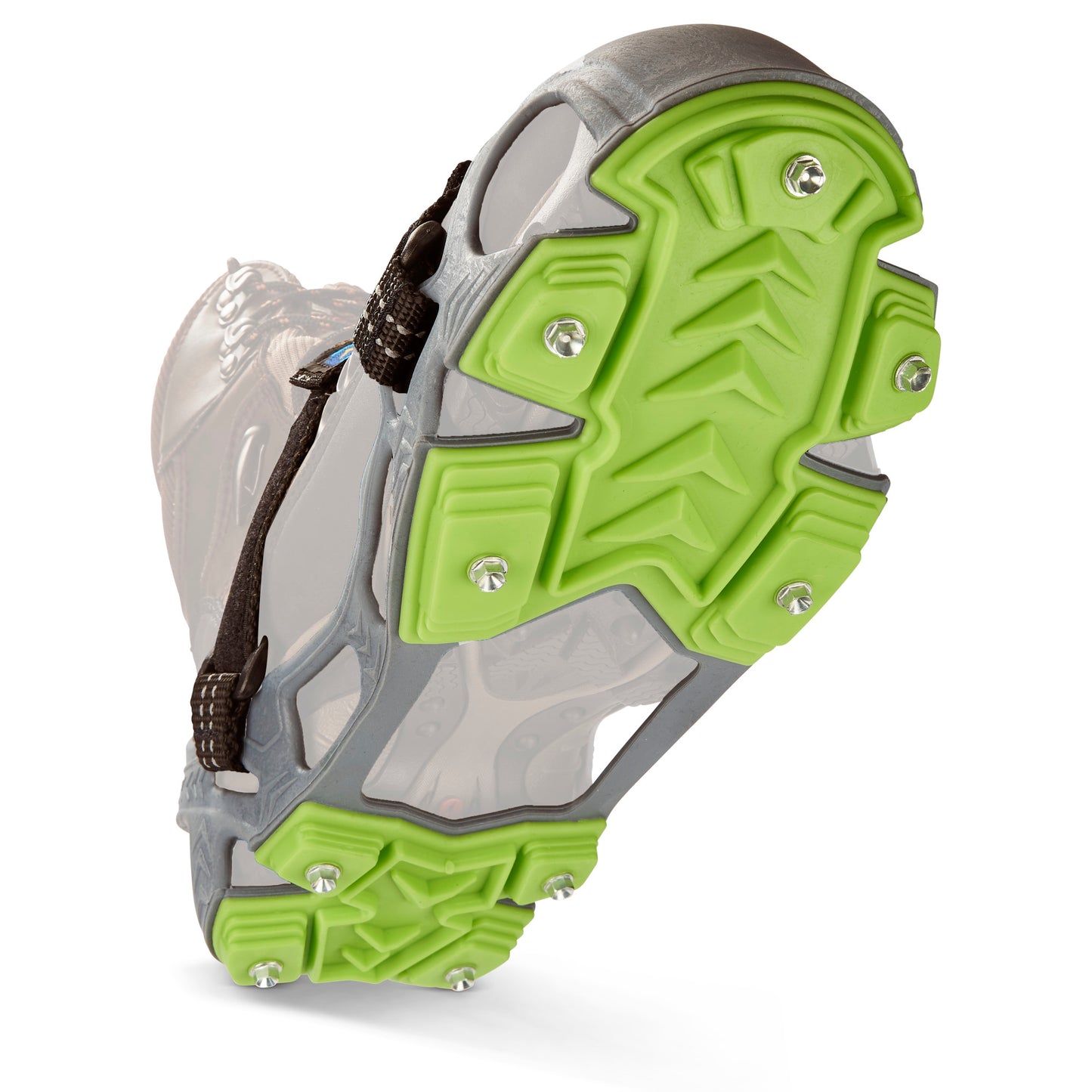 A running shoe sole with metal spikes on a white background.