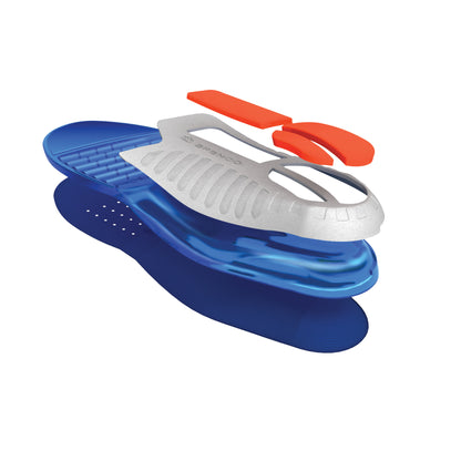 Ice skate moves forward on ice rink during skating session.