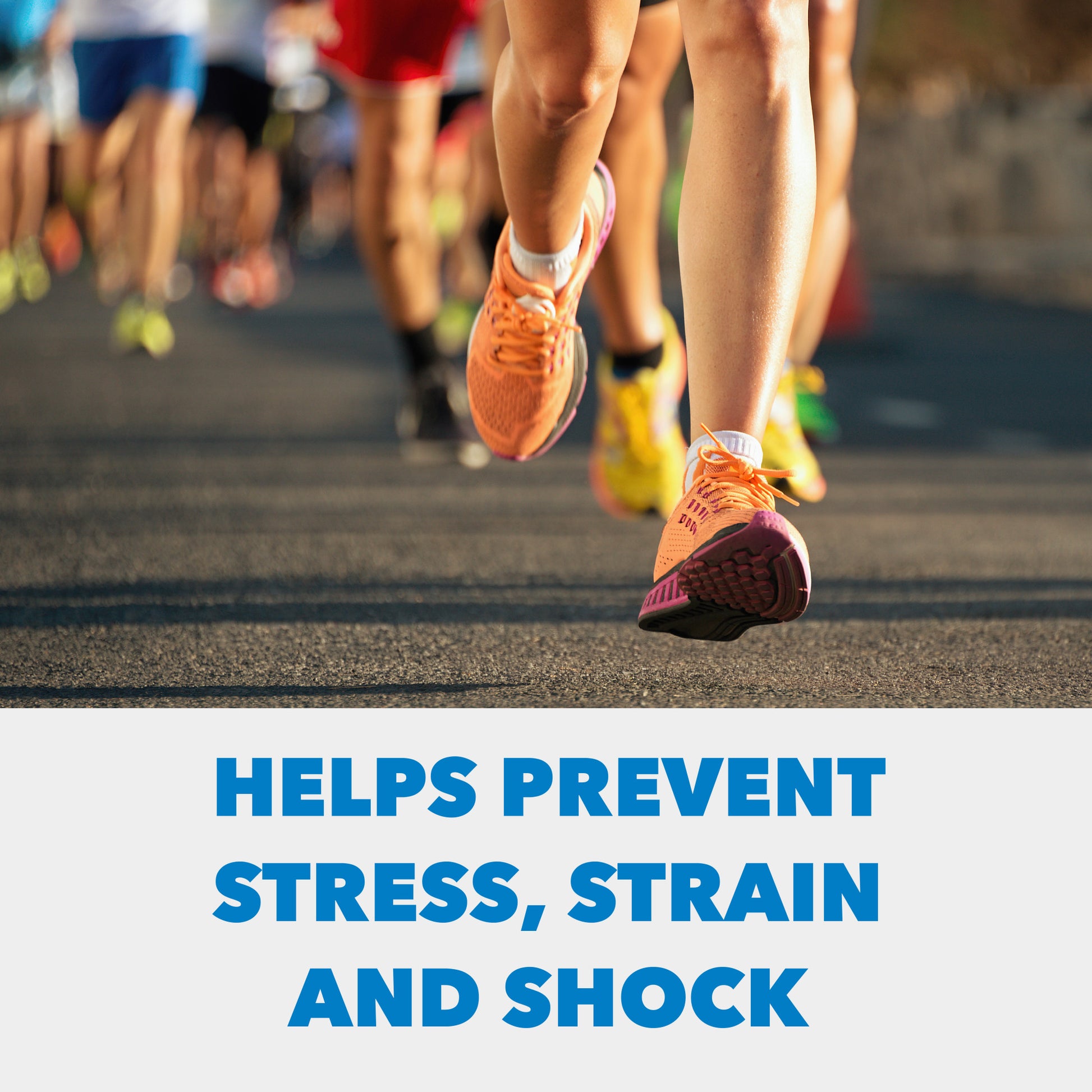 Runners legs stride on road in bright shoes, with others nearby. Text below about stress prevention.